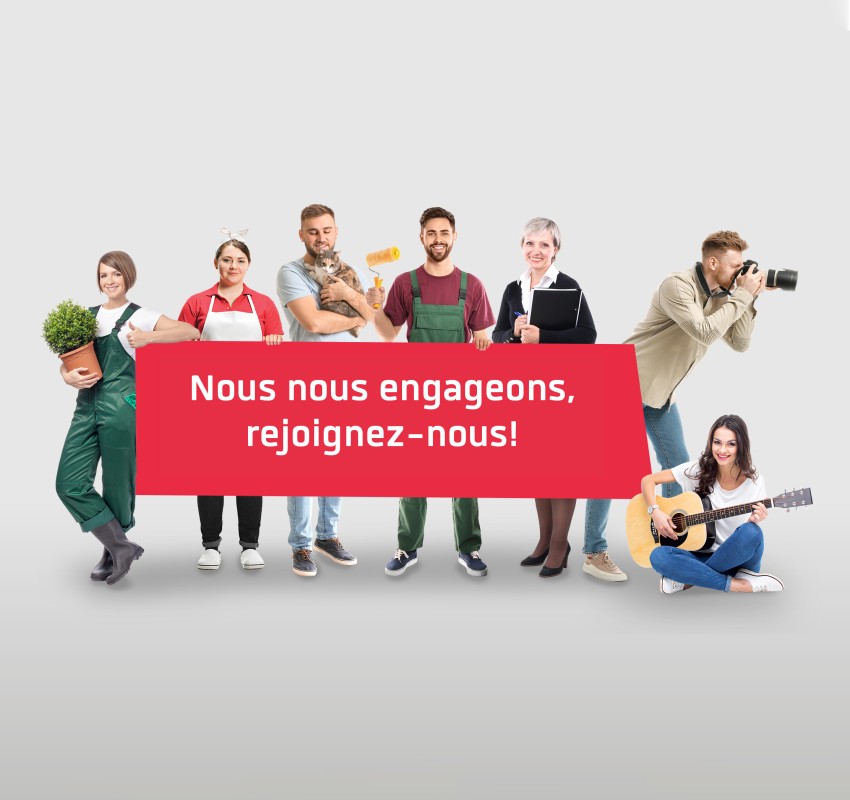 Groupe de personnes avec diverses activités tient une banderole rouge «Nous nous engageons, rejoignez-nous!» – benevol-jobs.