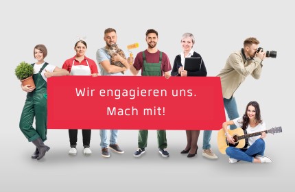 Gruppe von Menschen mit verschiedenen T&auml;tigkeiten h&auml;lt ein rotes Banner &laquo;Wir engagieren uns. Mach mit!&raquo; &ndash; benevol-jobs.