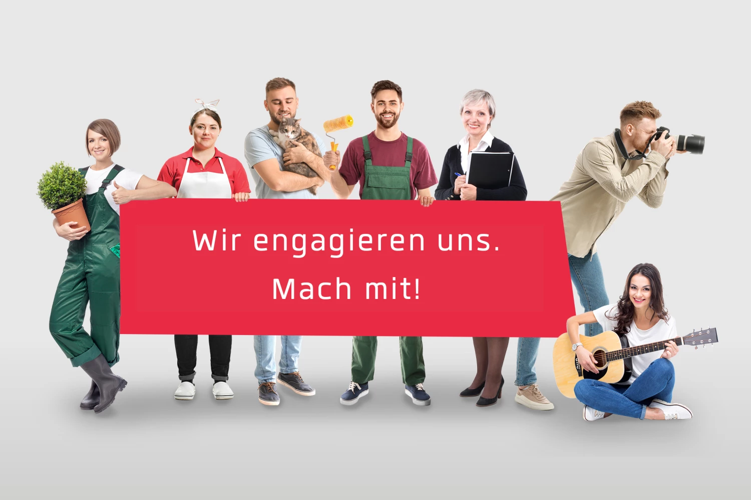 Gruppe von Menschen mit verschiedenen Tätigkeiten hält ein rotes Banner «Wir engagieren uns. Mach mit!» – benevol-jobs.