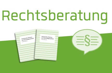 Grafik zur Rechtsberatung mit dem Titel "Rechtsberatung" und zwei Notizheften zur Freiwilligenarbeit in der Schweiz.