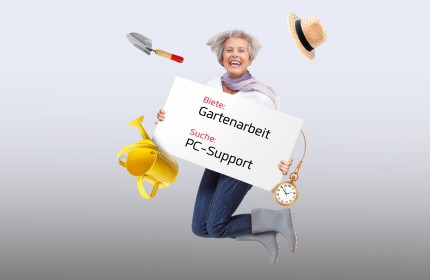 Frau h&auml;lt ein Schild mit der Aufschrift 'Biete Gartenarbeit, suche PC-Support' &ndash; Zeitb&ouml;rse benevol